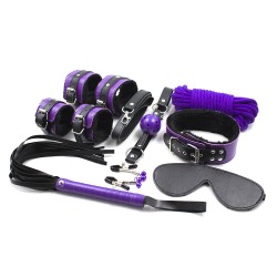 purple and black fur lined bondage kit 8 piece